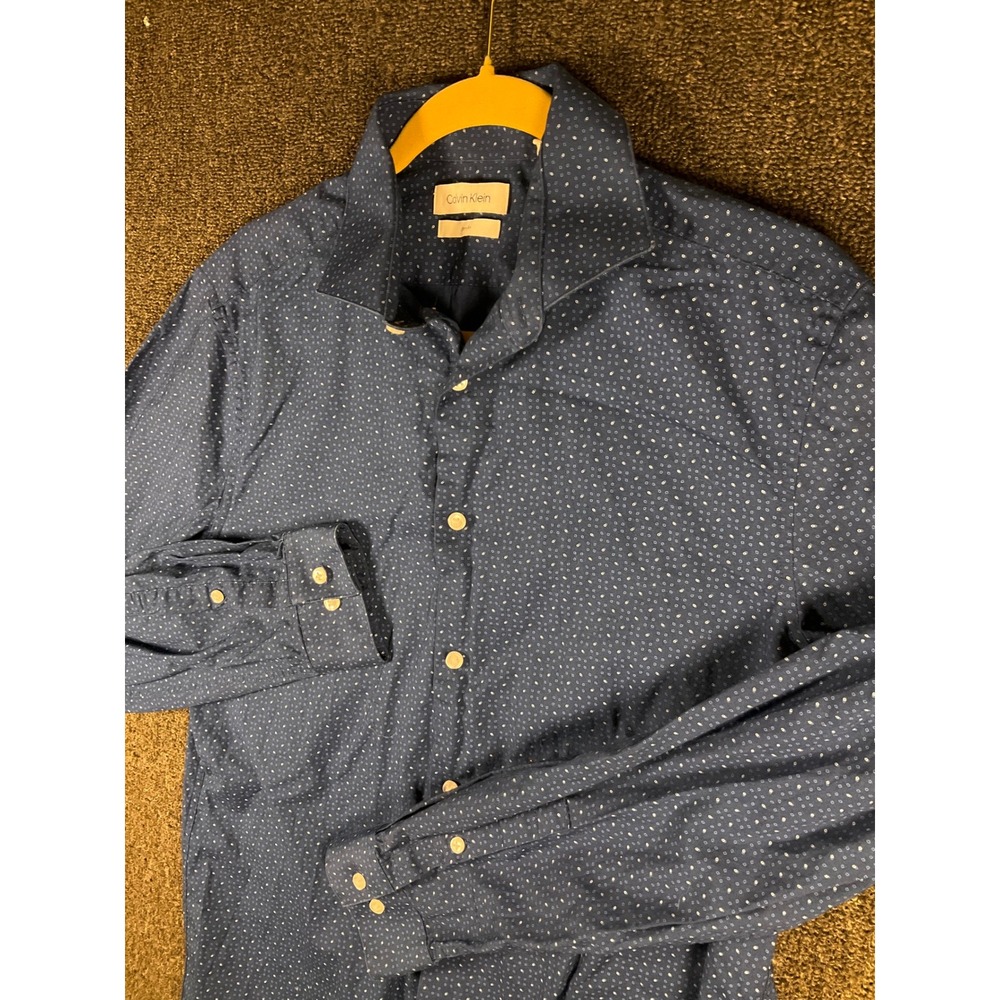 Calvin Klein Mens Slim Fit Navy Blue Micro Dot Button Down Shirt 15.5 32/33 M
